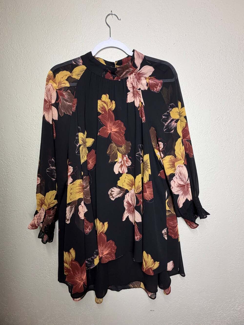 DR2 Women’s XL Black Floral Long Sleeve Tunic Blouse Boho Flowy Top